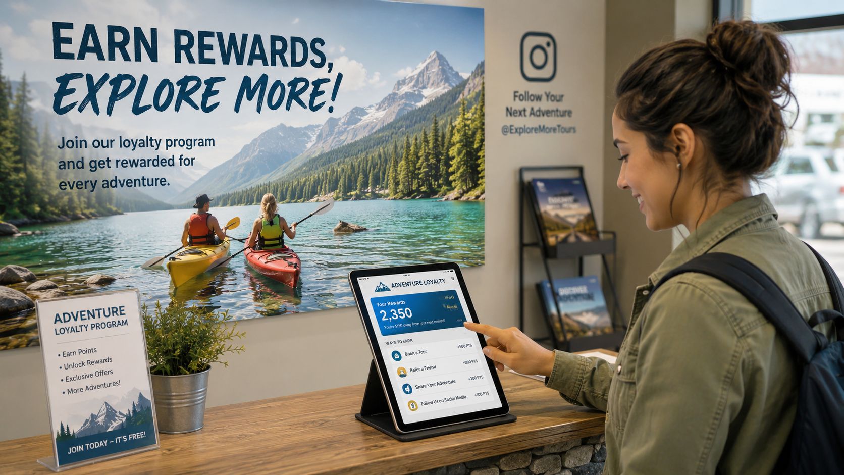 A woman interacting with a digital loyalty rewards program tablet at a tourist adventure activity desk.