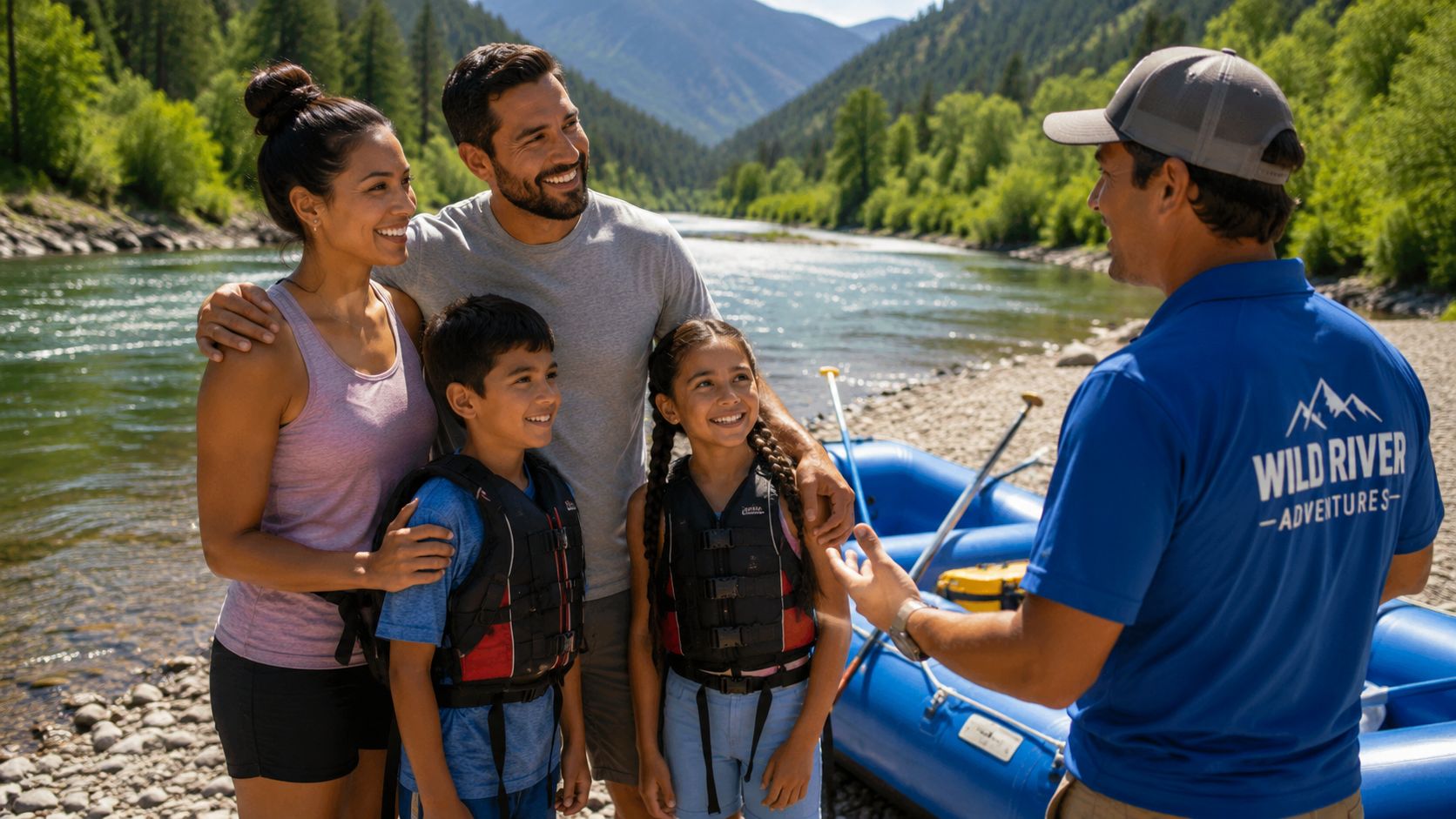 A family of four listens to a rafting guide by a river before their outdoor adventure.