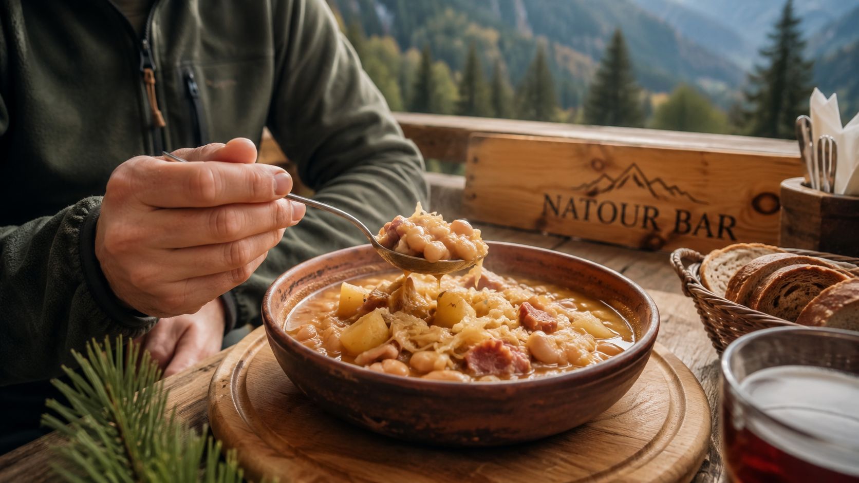 A person eats hearty bean and sausage stew at the Natour Bar in Blejska Dobrava, Slovenia.
