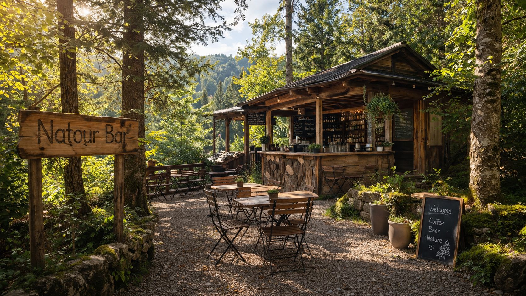 A rustic wooden outdoor bar nestled in a lush forest with patio seating and a wooden sign.