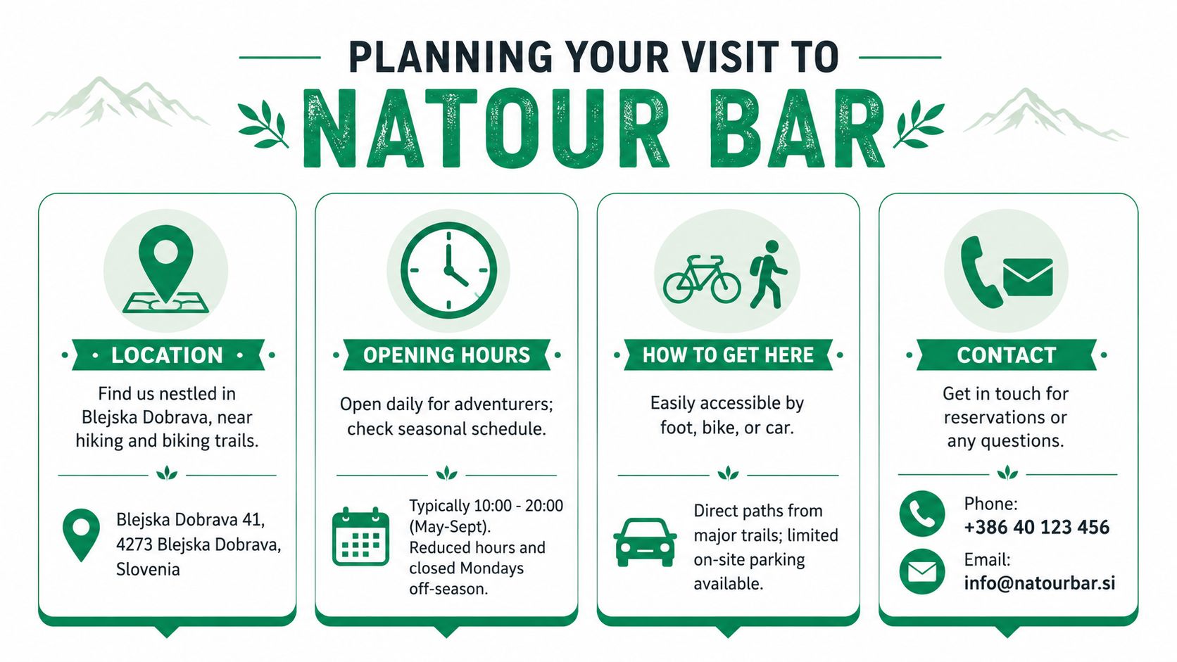 Informational guide for Natour Bar in Blejska Dobrava featuring location, opening hours, transport, and contact details.