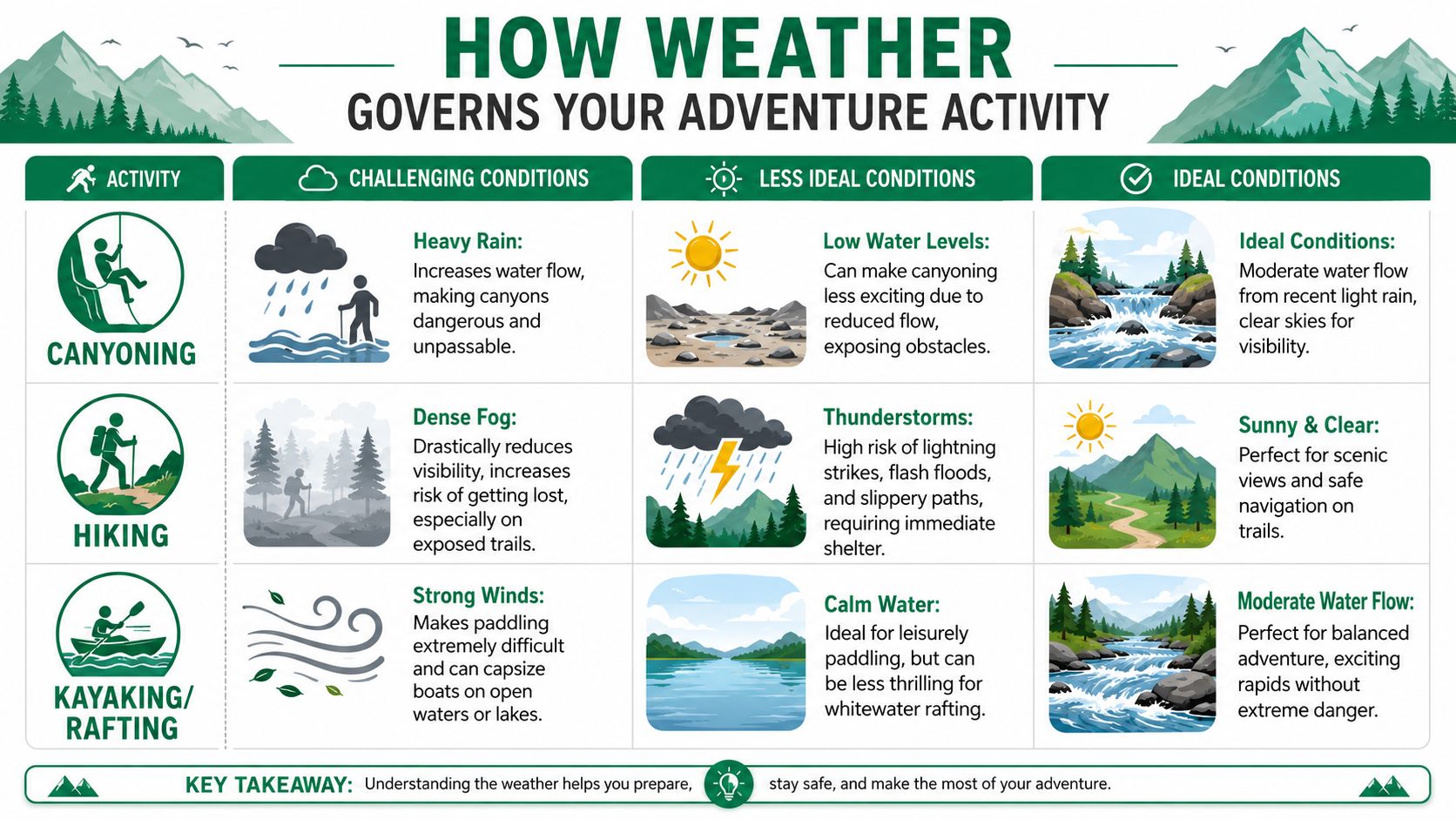 An informative infographic detailing how various weather conditions affect outdoor activities like canyoning, hiking, and kayaking.