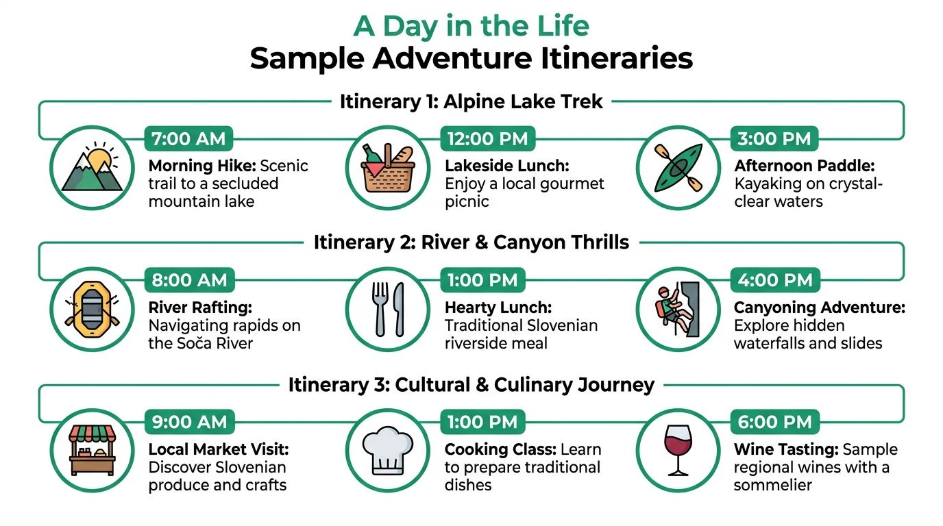 An infographic displaying three diverse sample adventure travel itineraries featuring outdoor activities and cultural experiences.