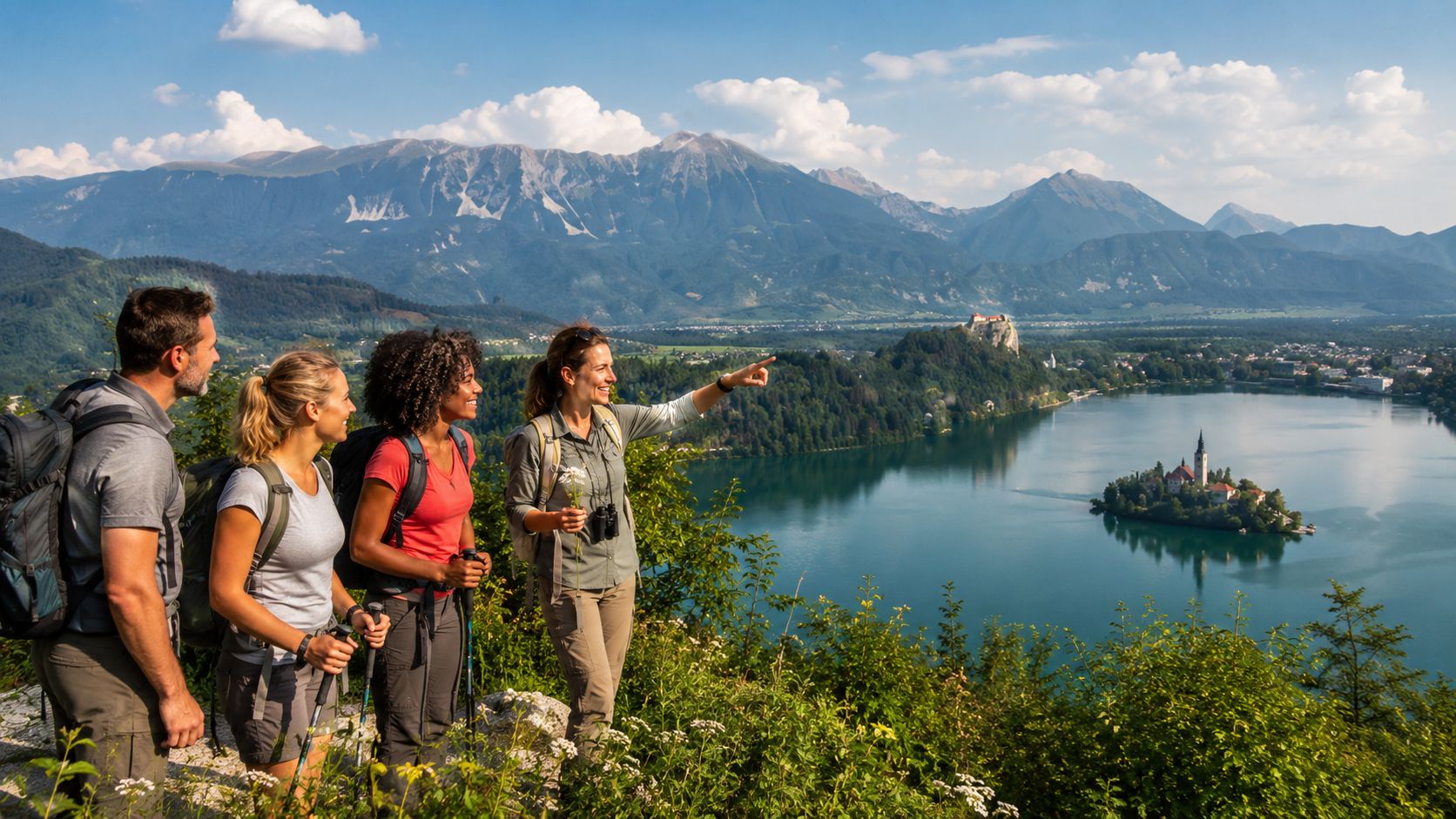 A small group of friends hiking while looking at the picturesque view of Lake Bled in Slovenia.