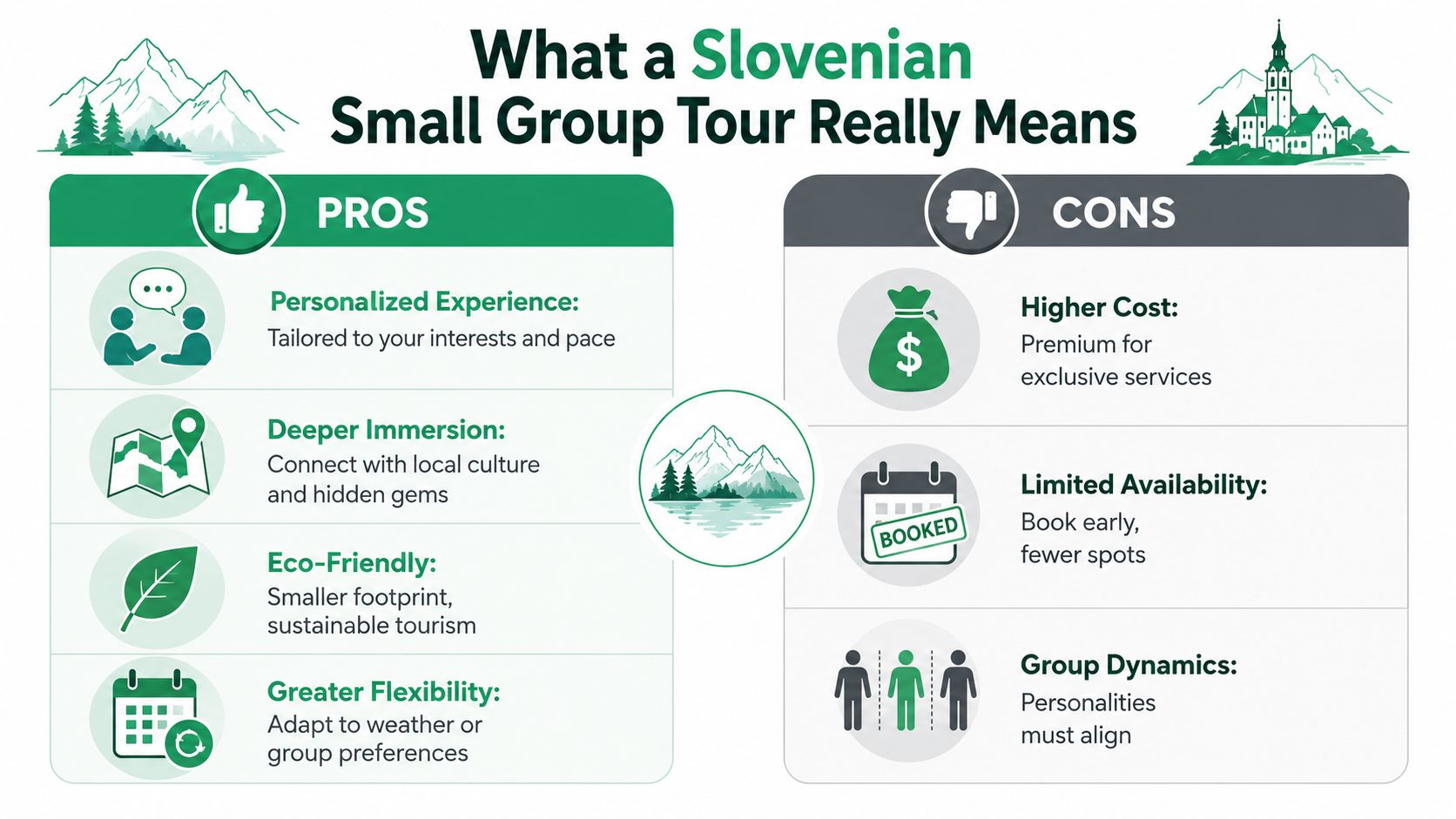 An infographic comparing the pros and cons of small group tours in Slovenia with illustrative icons.