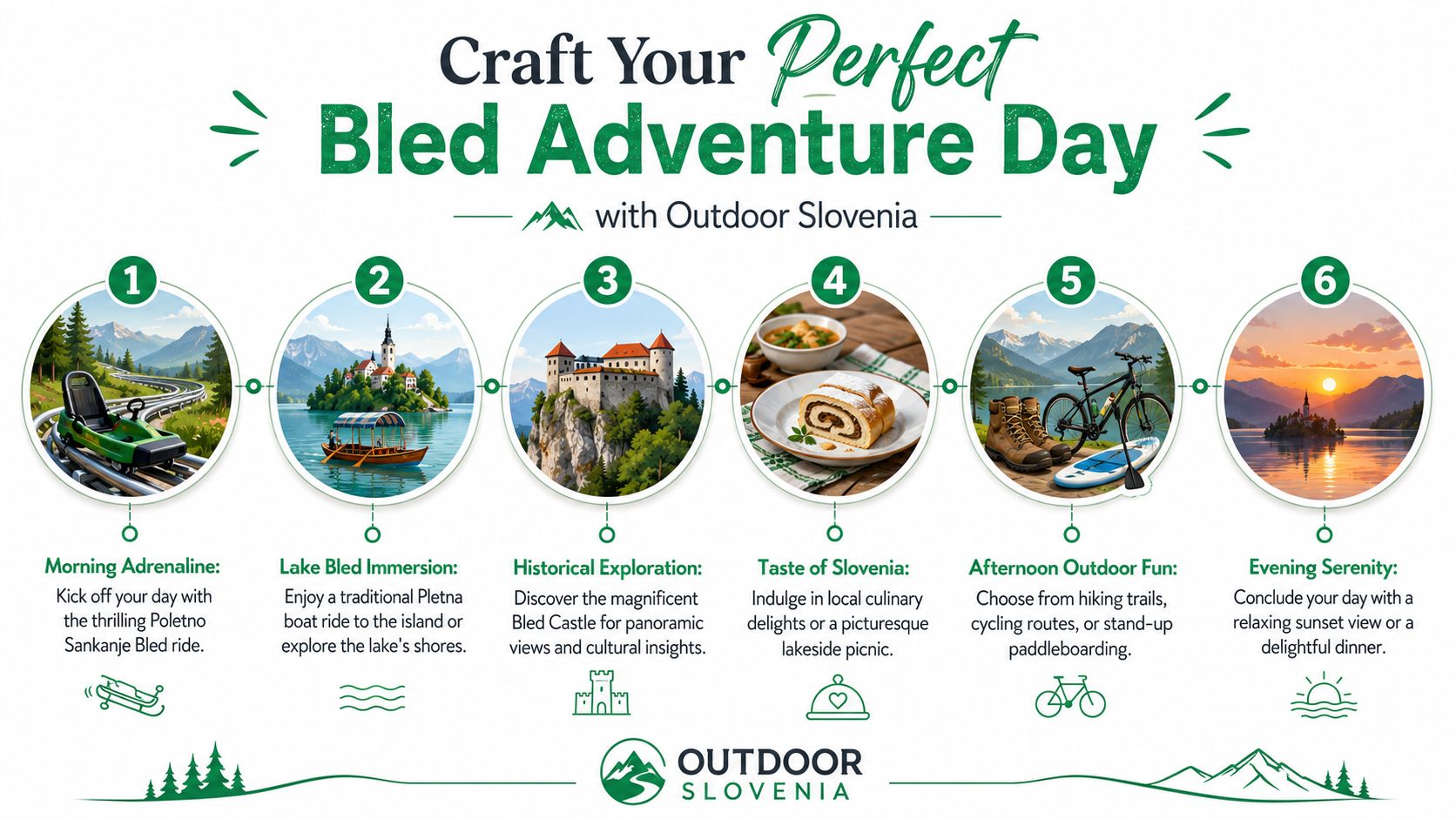 A six-step guide to a perfect adventure day in Bled, Slovenia, featuring activities from summer sledding to dining.