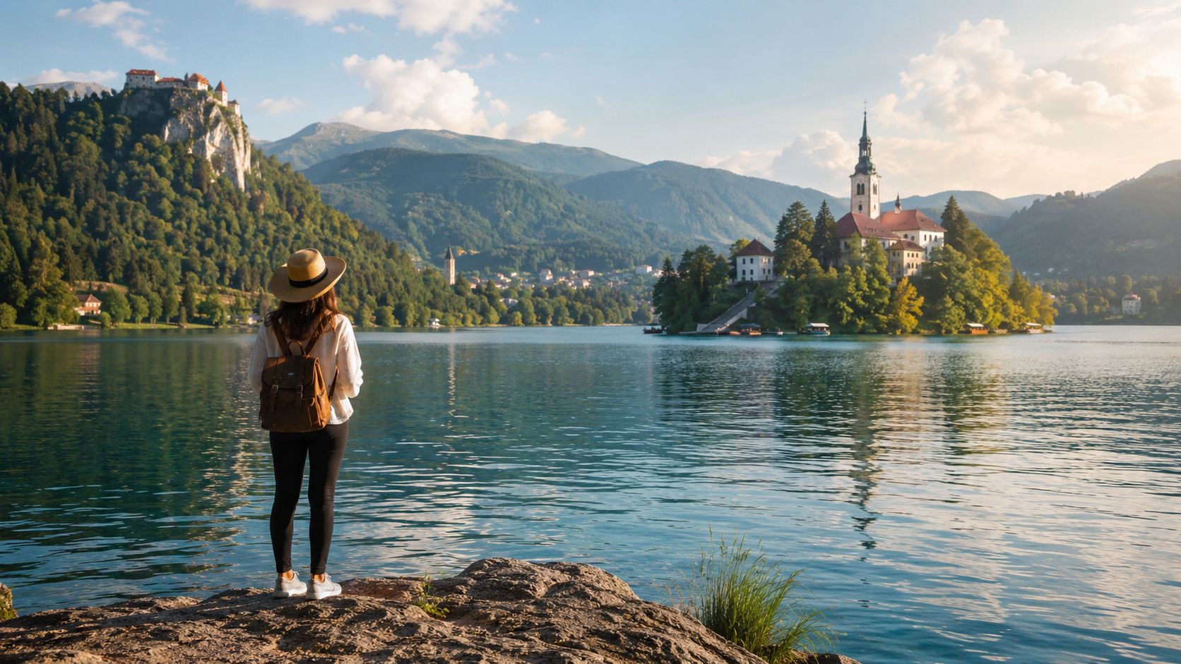 A woman with a hat and backpack looking at Lake Bled and its famous island church