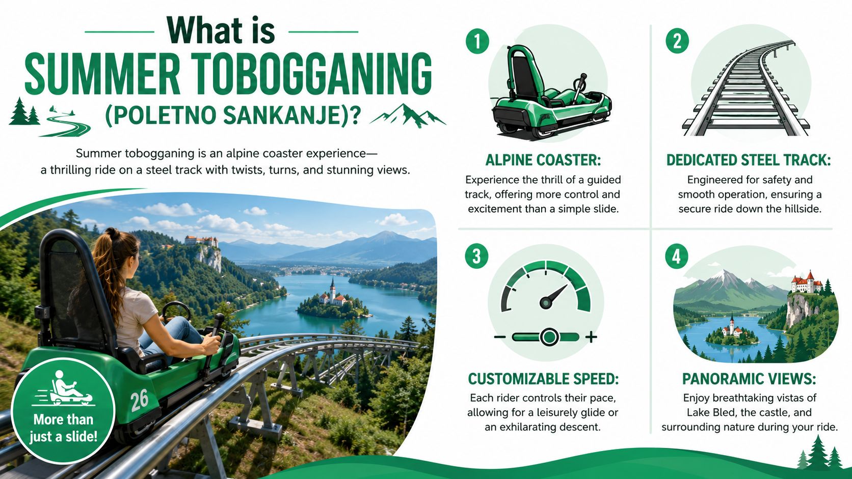 A woman enjoying an alpine coaster ride with scenic views of Lake Bled in Slovenia.