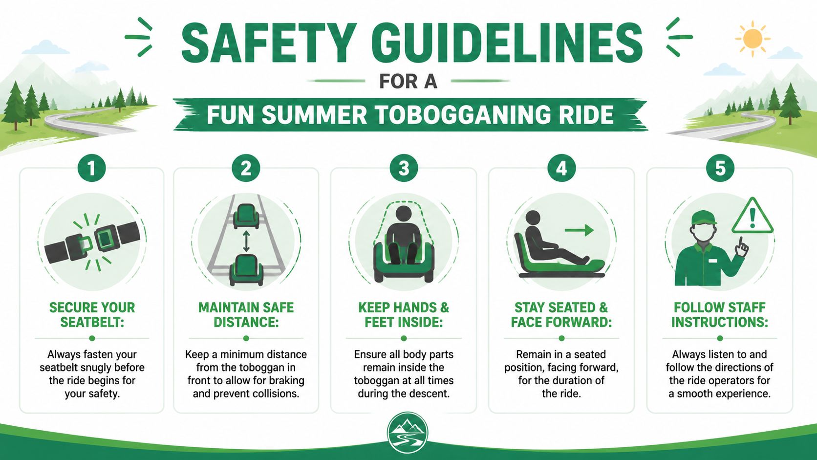 A safety infographic for summer tobogganing featuring five numbered steps on how to ride safely.