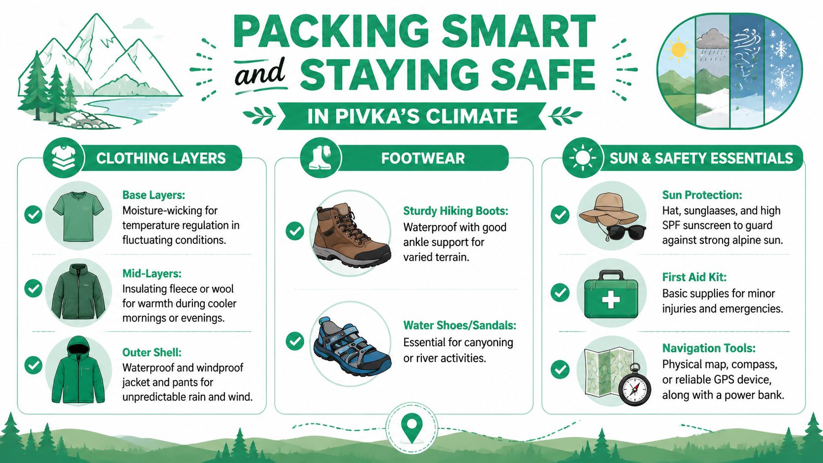 An infographic titled Packing Smart and Staying Safe in Pivka offering outdoor gear and clothing recommendations.