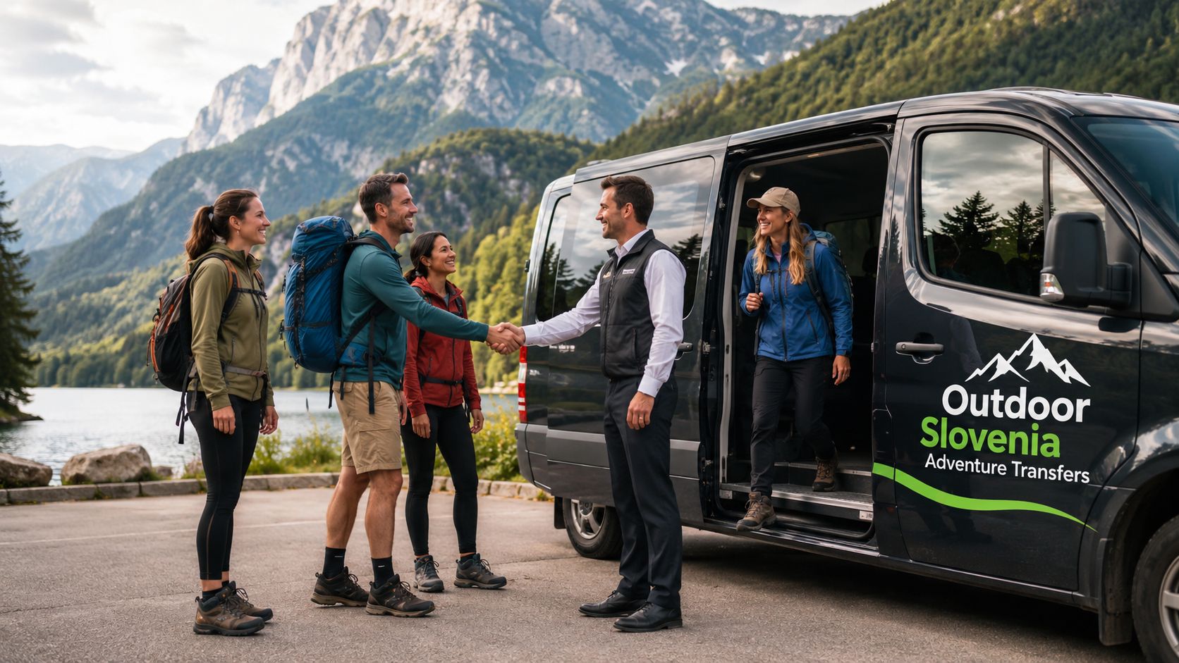 A professional driver shakes hands with a traveler next to an Outdoor Slovenia adventure van by a lake.