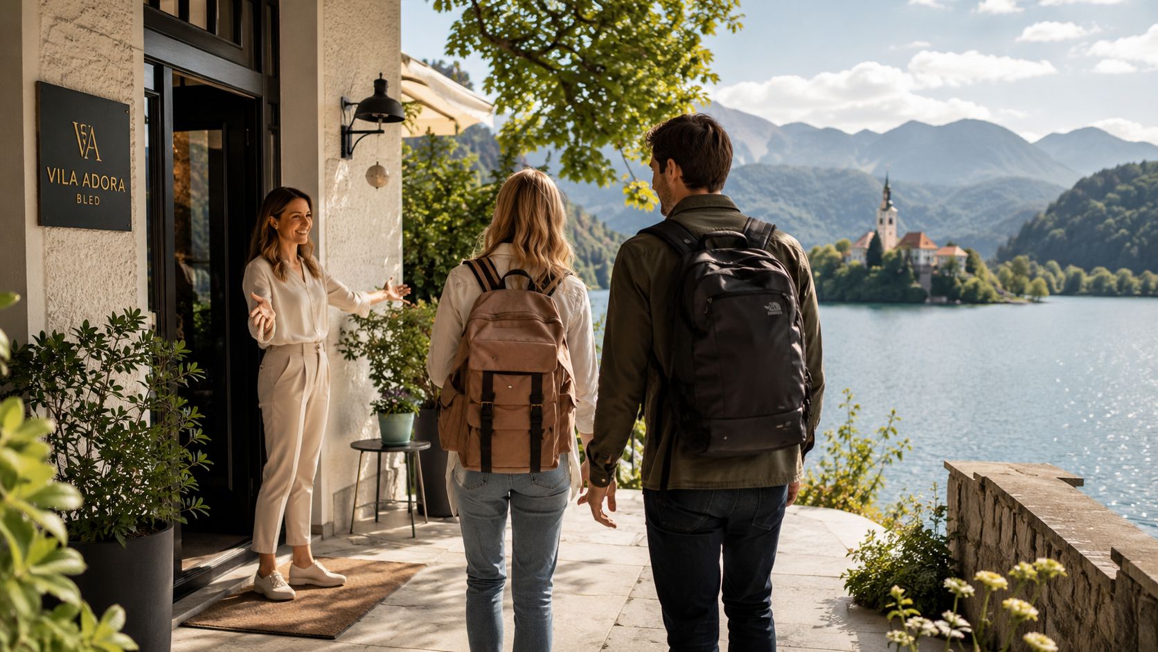 A welcoming host greets a couple arriving at the scenic Villa Adora hotel in Lake Bled.