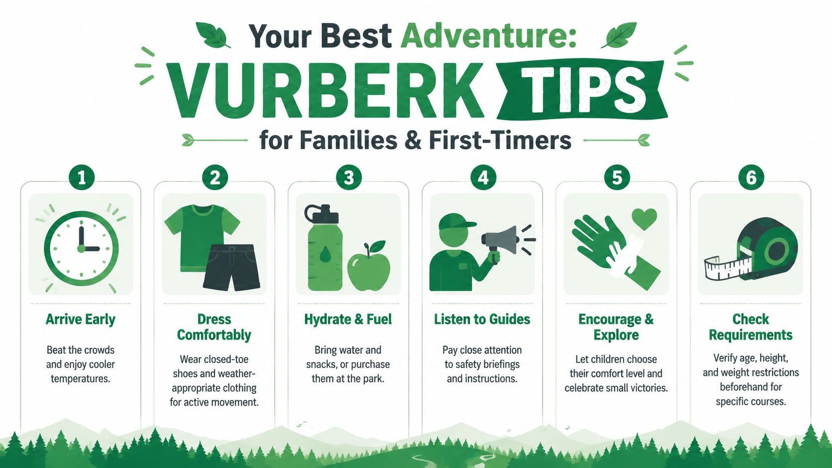 An infographic titled Vurberk Tips for Families and First-Timers listing six essential steps for park preparation.