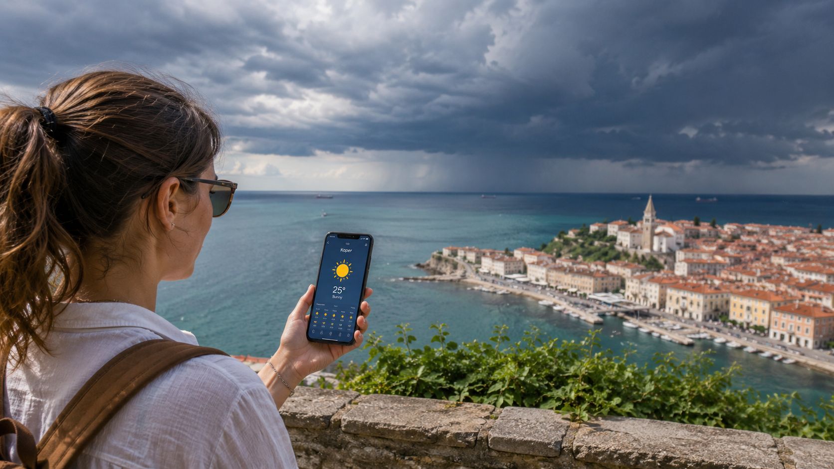 A woman holds a smartphone displaying the weather in Koper while looking at the coastal city view.