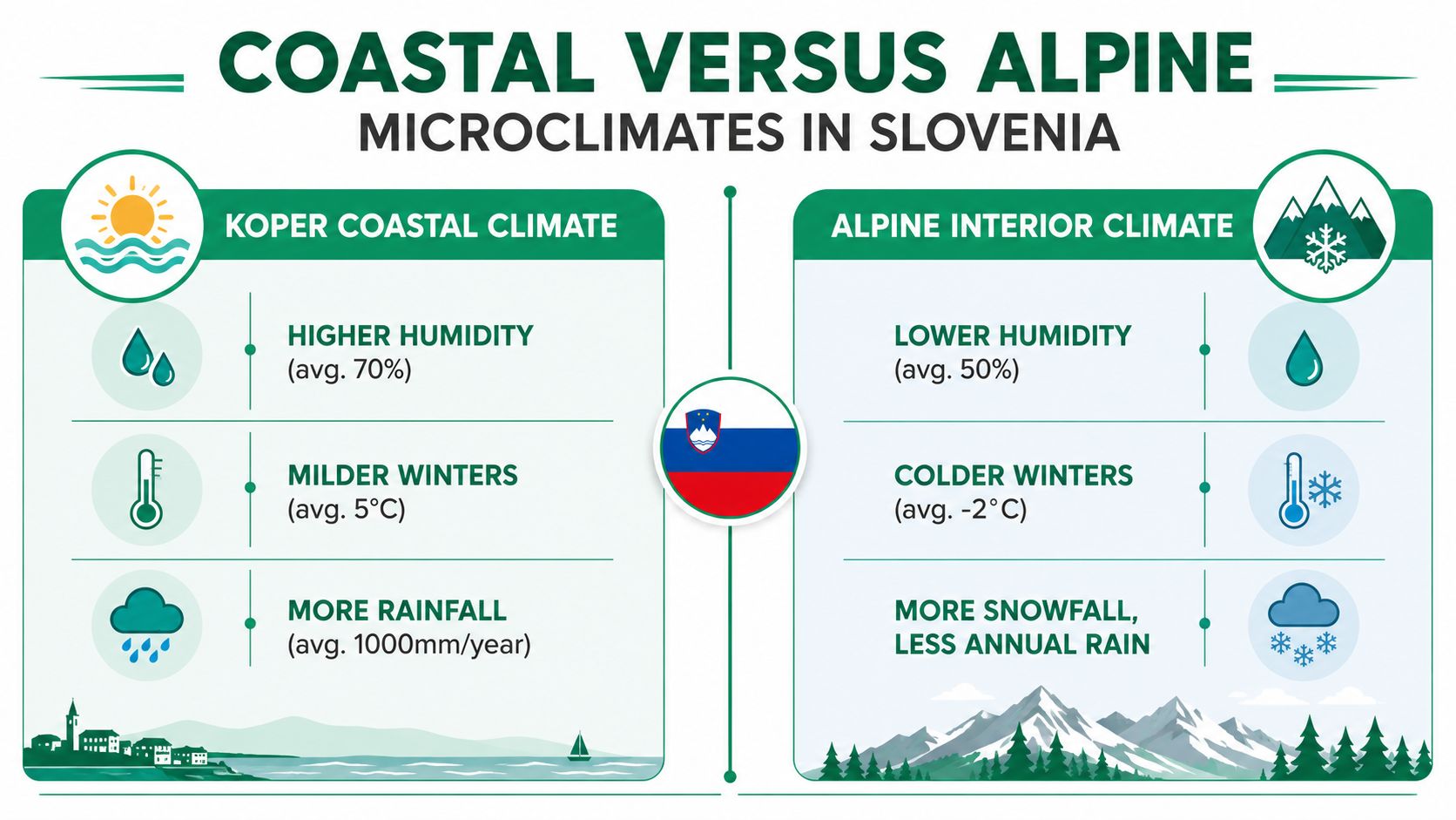 A comparison infographic showing the differences between coastal climate in Koper and Alpine interior climate in Slovenia.