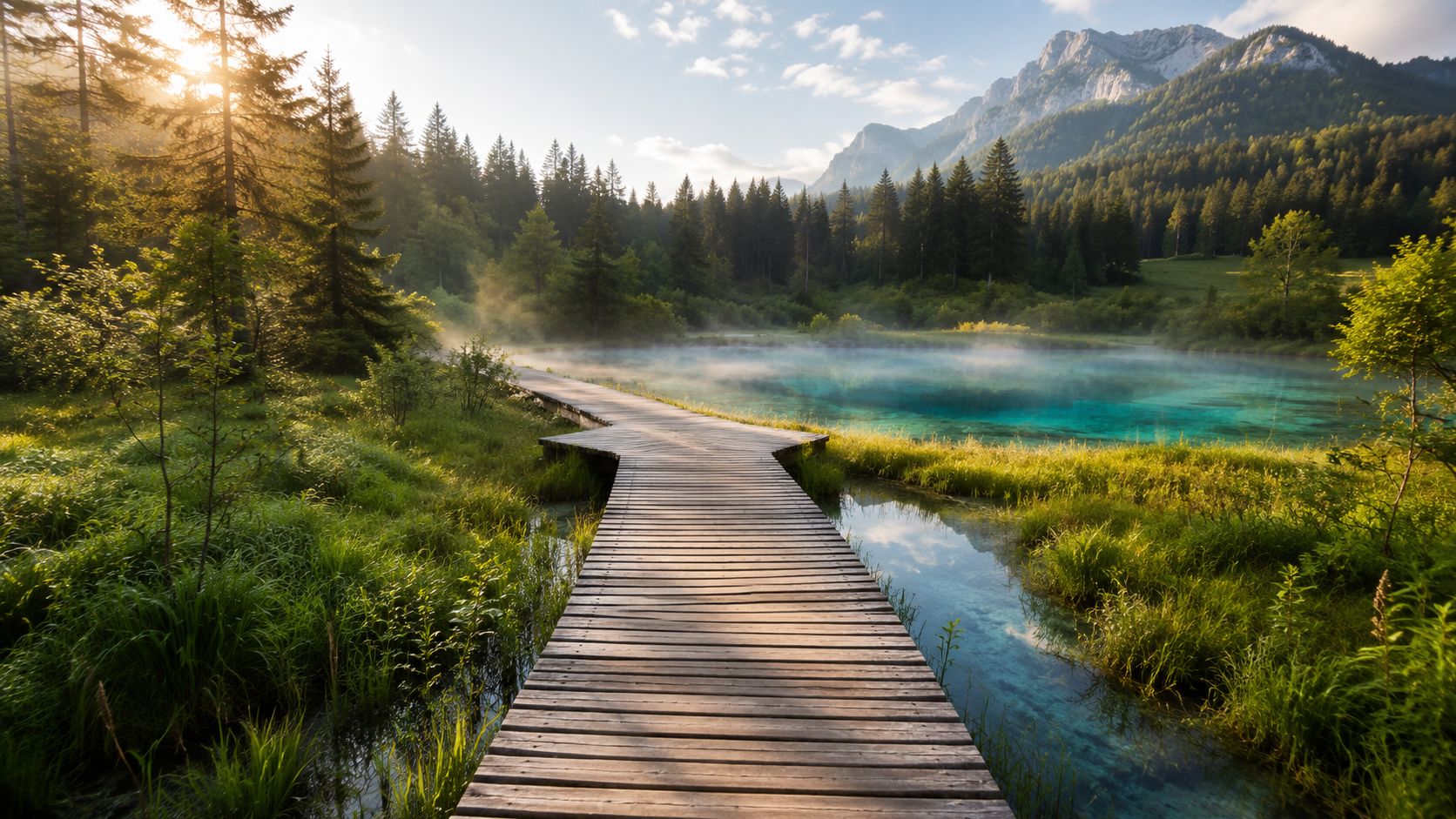 A scenic wooden boardwalk leading through a misty, turquoise spring at the Zelenci Nature Reserve in Slovenia.