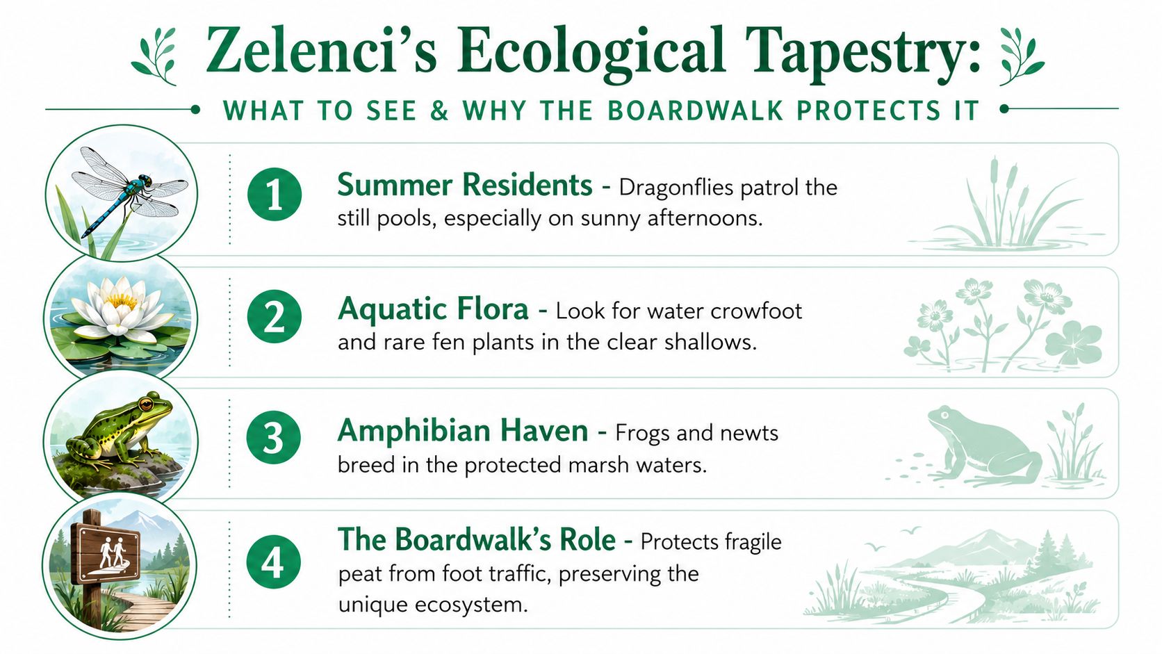 An informational sign about the Zelenci nature reserve showing local wildlife, aquatic plants, and boardwalk conservation.
