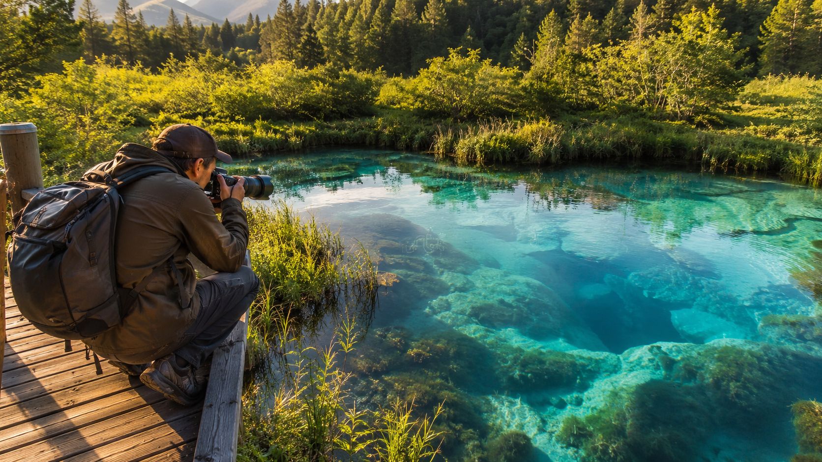 A photographer crouching on a wooden walkway taking pictures of the vibrant turquoise Zelenci nature reserve water.