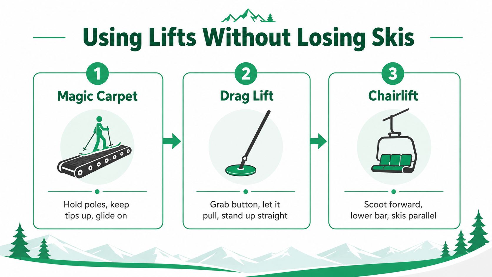 An infographic showing three steps to use ski lifts safely, including magic carpets, drag lifts, and chairlifts.