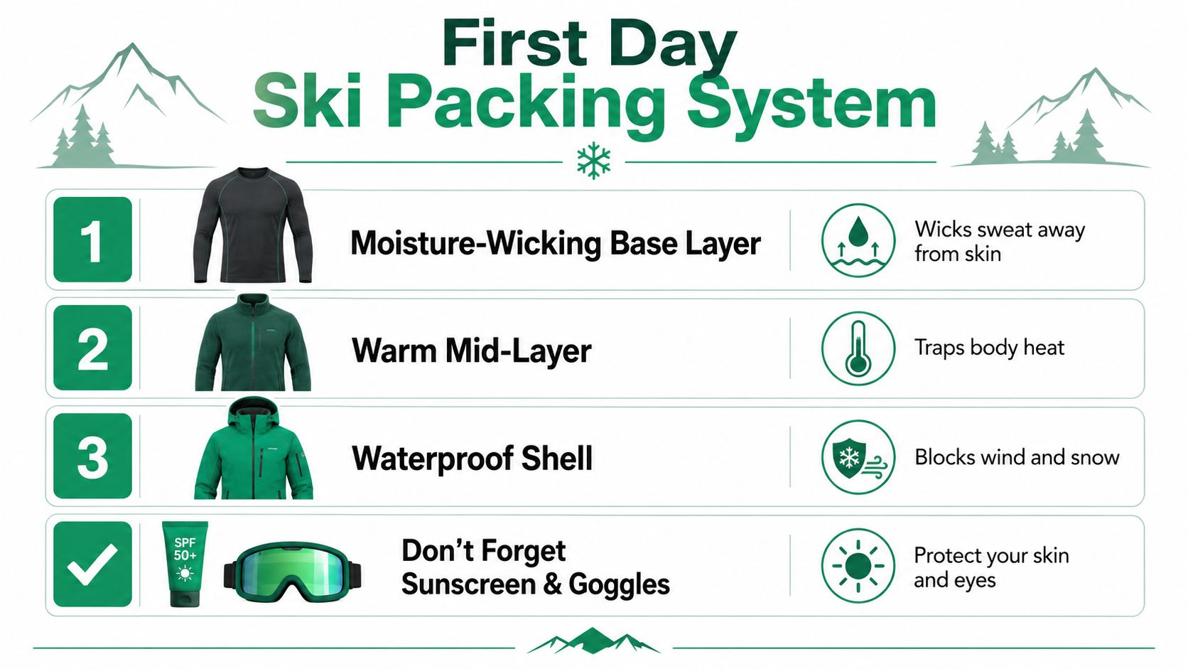 A visual guide for a first-day ski packing system showing base, mid, and shell layers plus accessories.