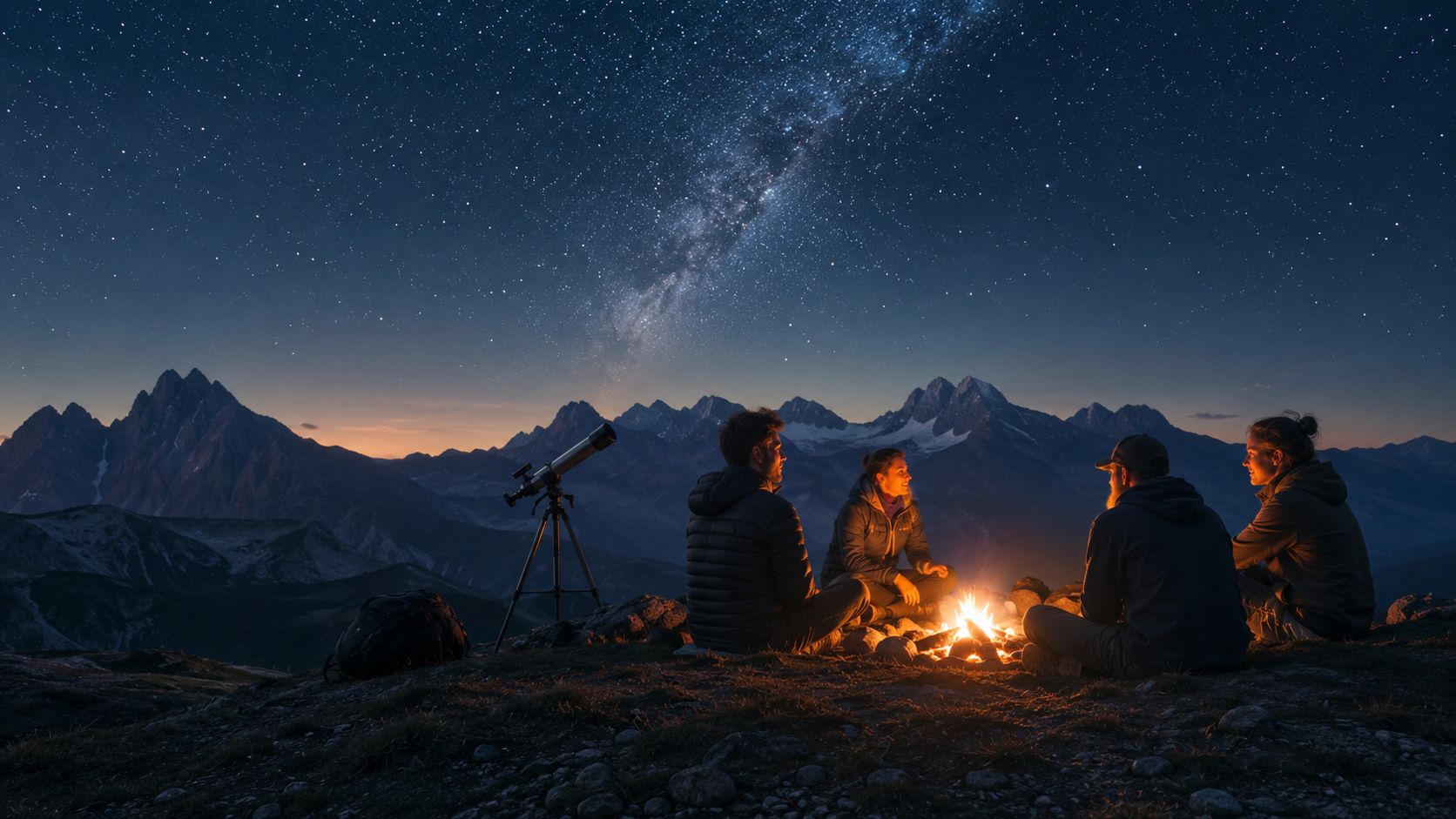 A group of friends sitting around a campfire in the mountains under a starry night sky.
