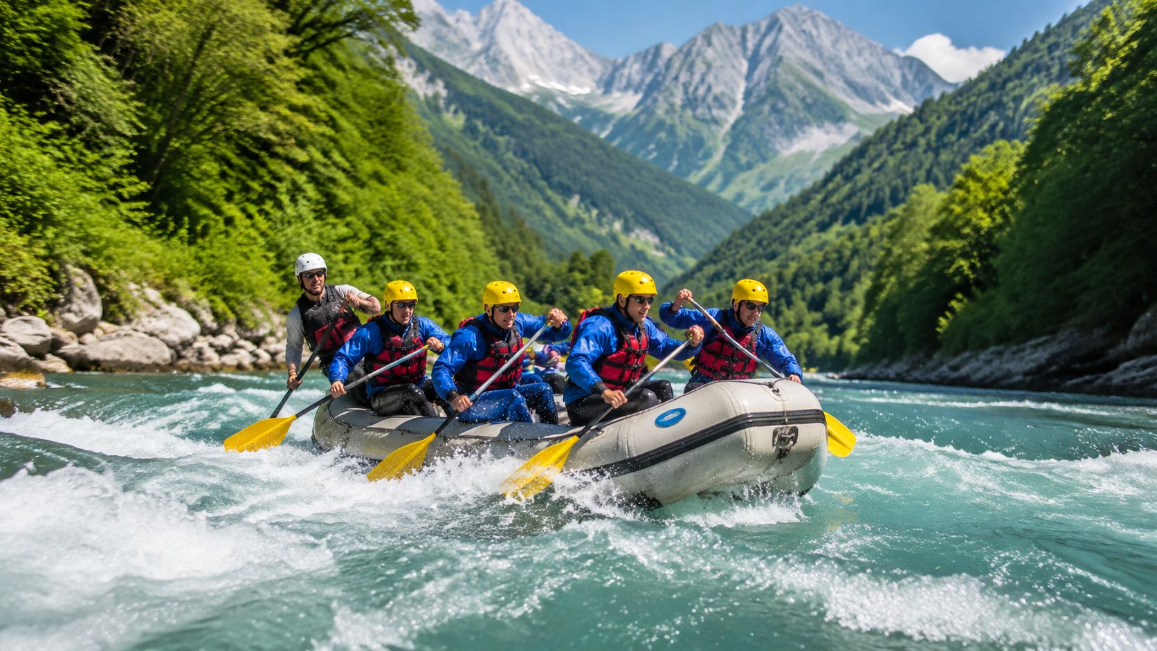 A group of people wearing life jackets and helmets whitewater rafting down a mountain river together.