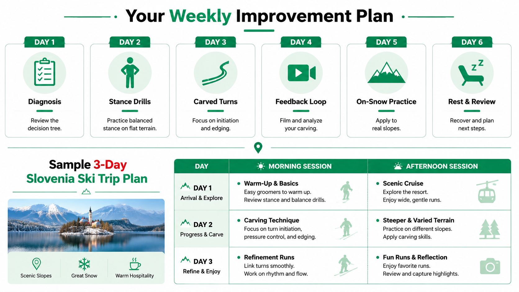 An infographic detailing a weekly skiing improvement plan and a sample three-day ski trip in Slovenia.