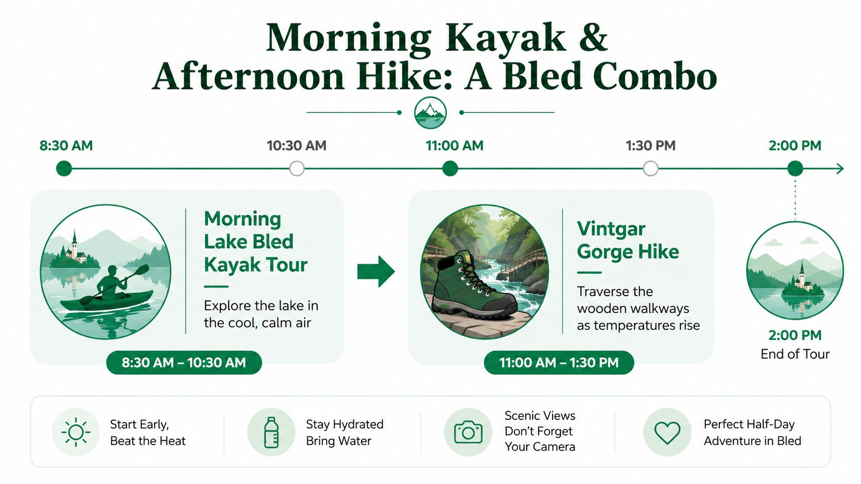 A schedule infographic showing a morning kayak tour and afternoon hike itinerary in Lake Bled, Slovenia.