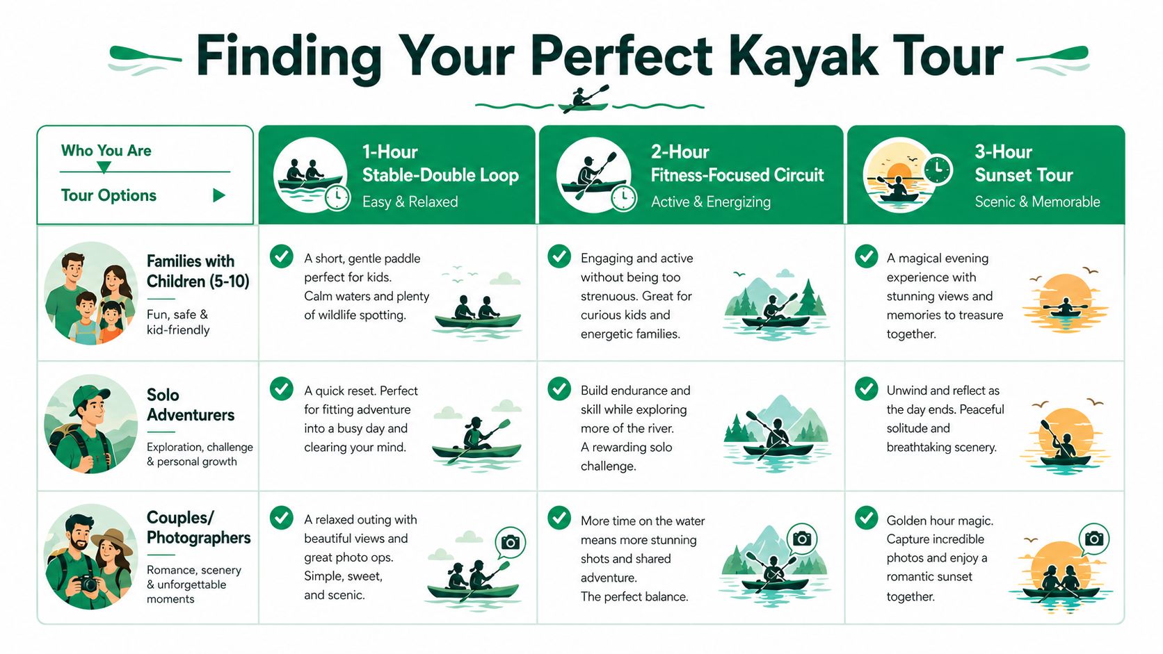An infographic table helping people choose the perfect kayak tour based on their needs and interests.