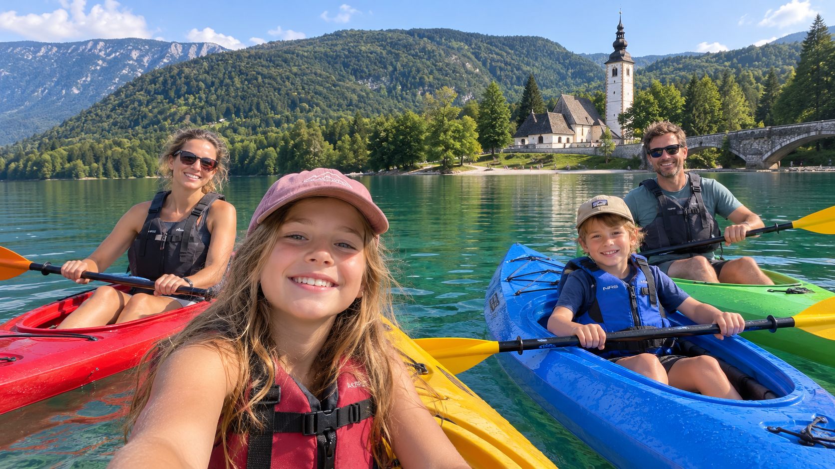 A happy family kayaking together on a crystal clear lake in Triglav National Park, Slovenia.
