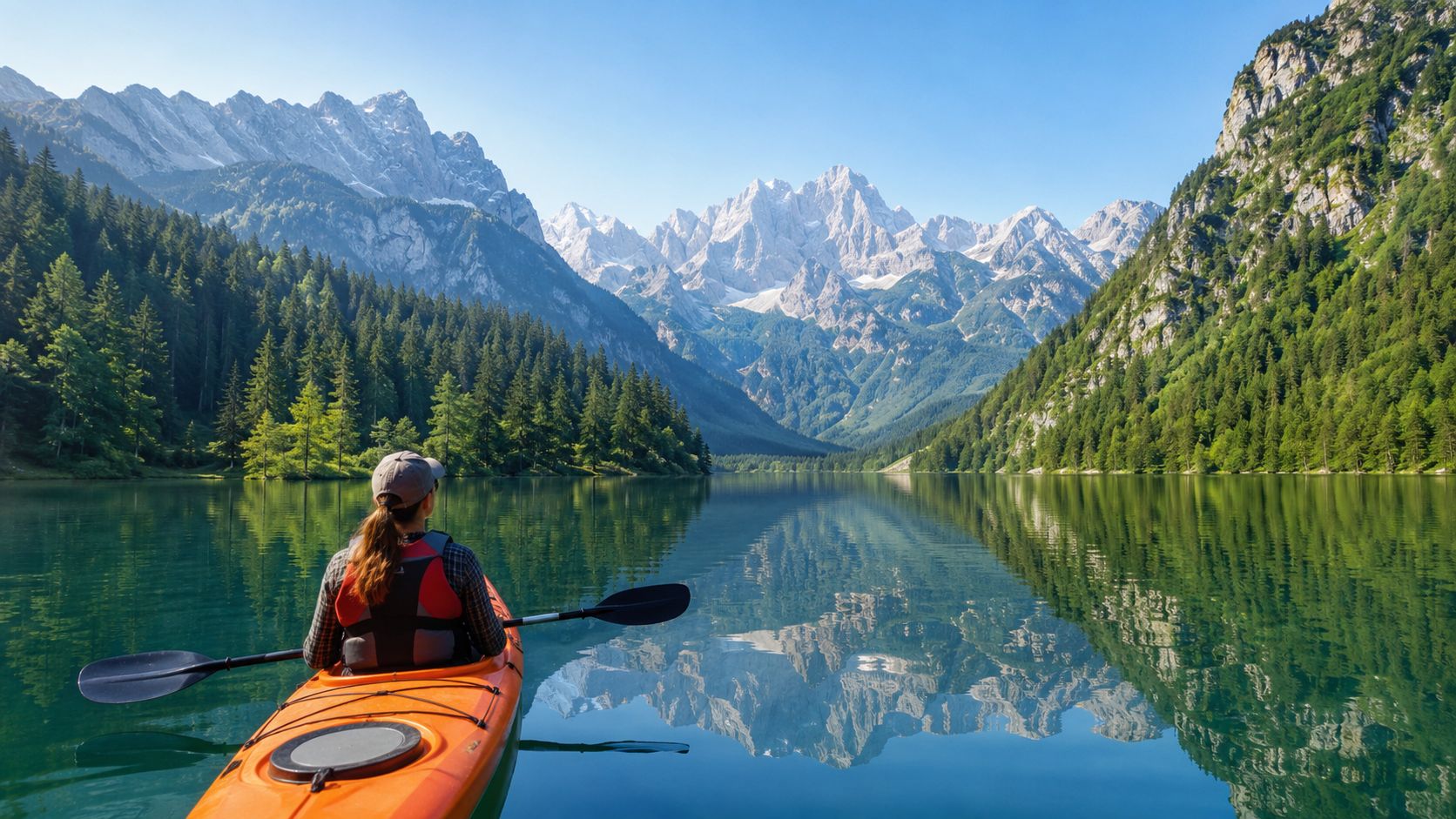 A person kayaking on a calm lake surrounded by lush green forests and majestic snow-capped mountains.
