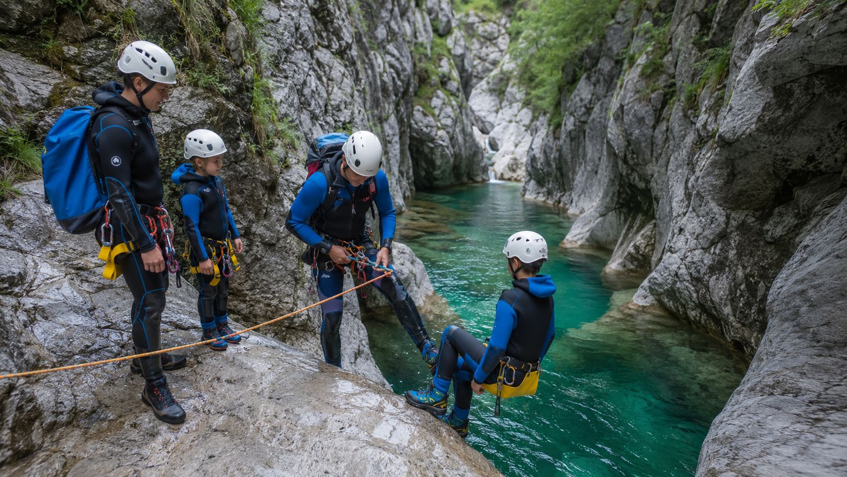 A family participating in a canyoning adventure in a beautiful, turquoise river canyon with expert guidance.