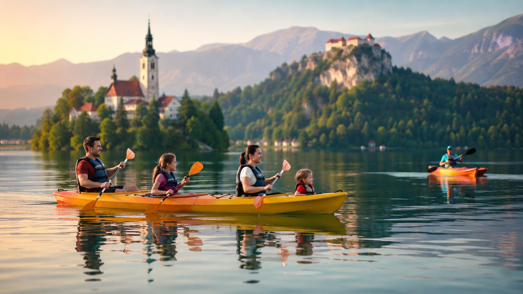 A family of four paddling in a yellow kayak on Lake Bled with the church in background.