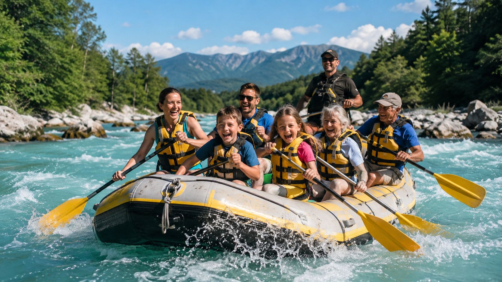 A happy family rafting together on a turquoise river with mountains in the background during summer.