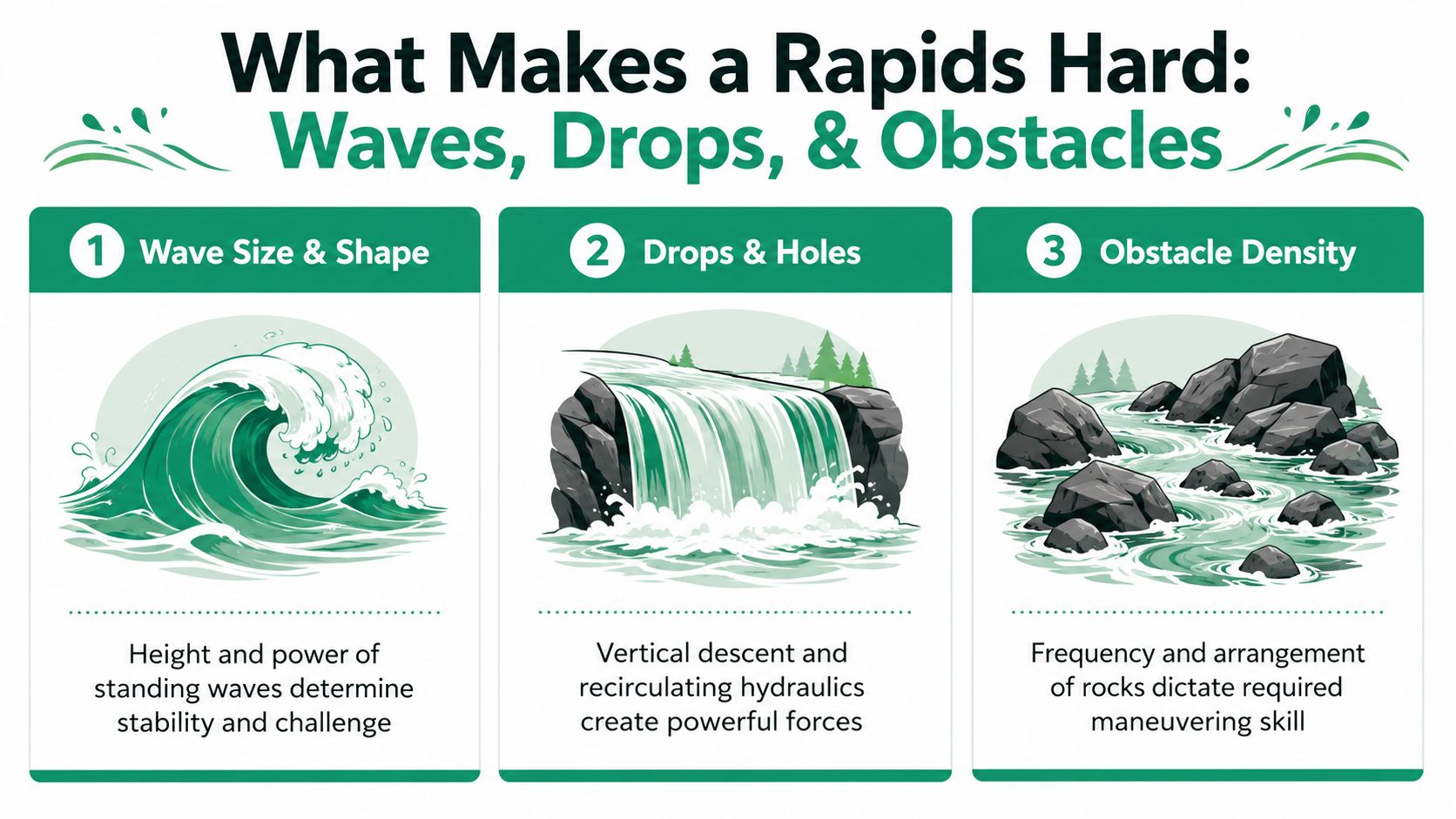 An infographic showing the three main factors that make river rapids challenging: waves, drops, and obstacles.