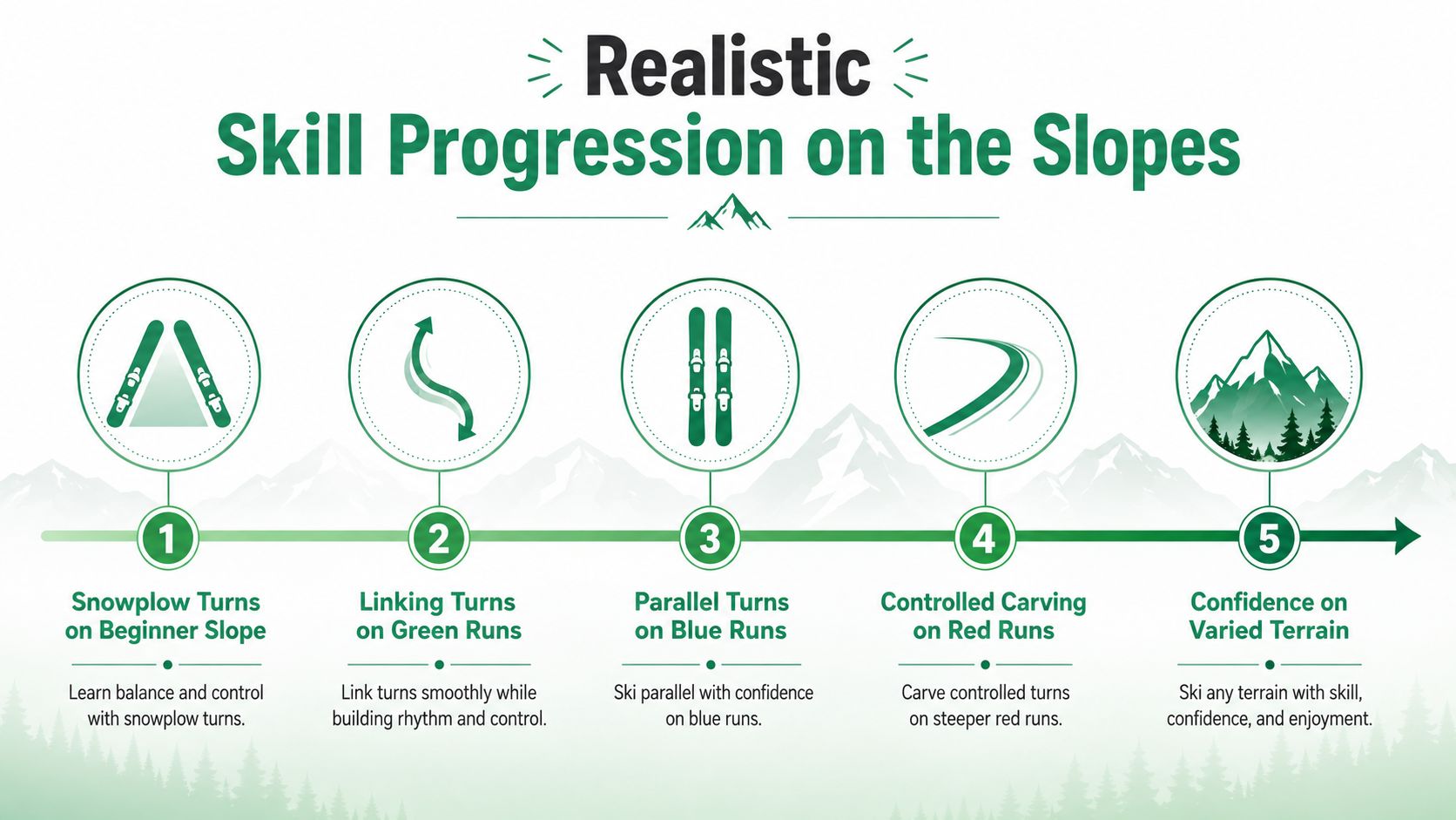 A five-step infographic showing the progression of ski skills from beginner snowplow turns to advanced terrain navigation.