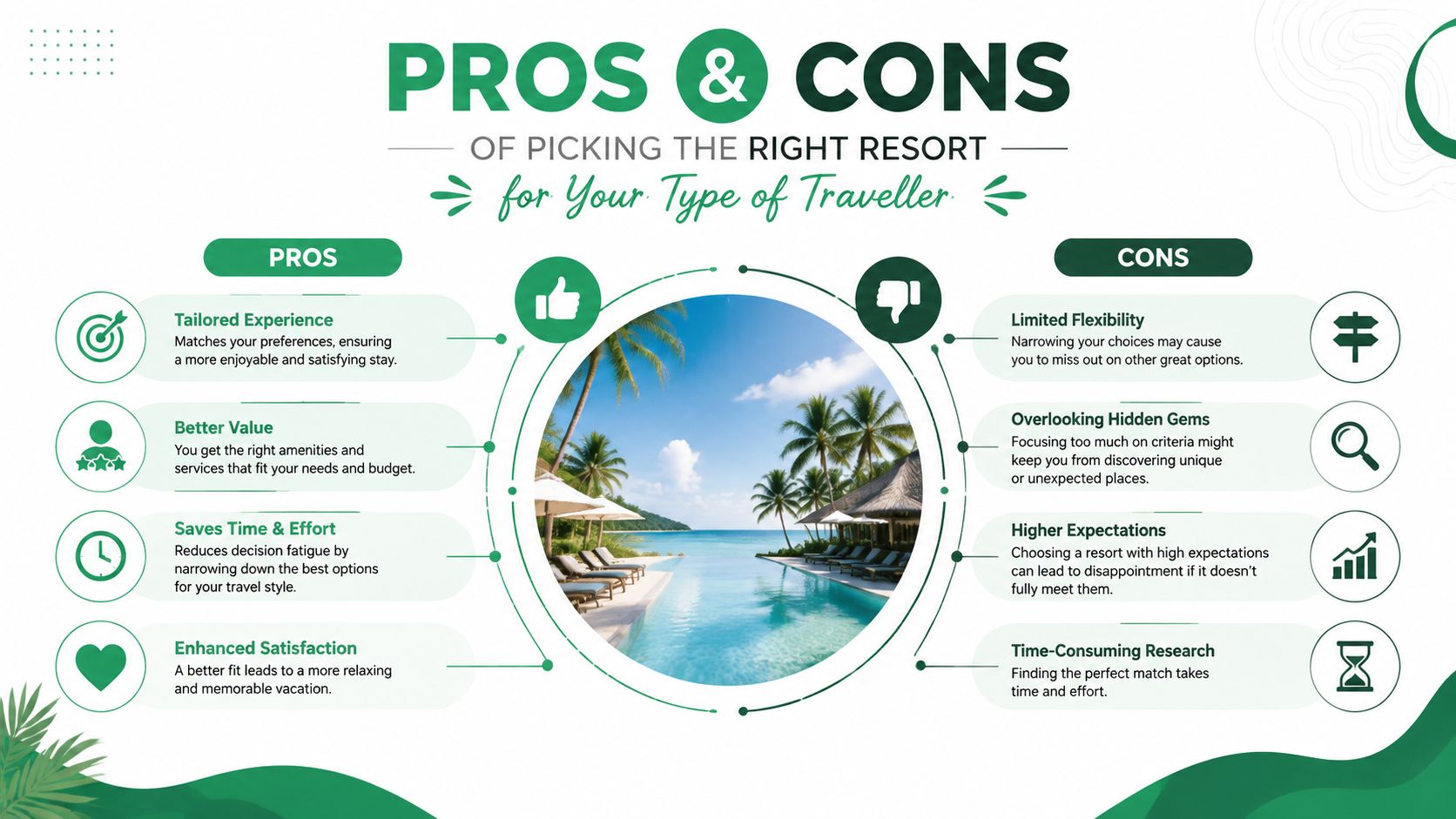 An infographic detailing the pros and cons of choosing the right resort for different traveler types.