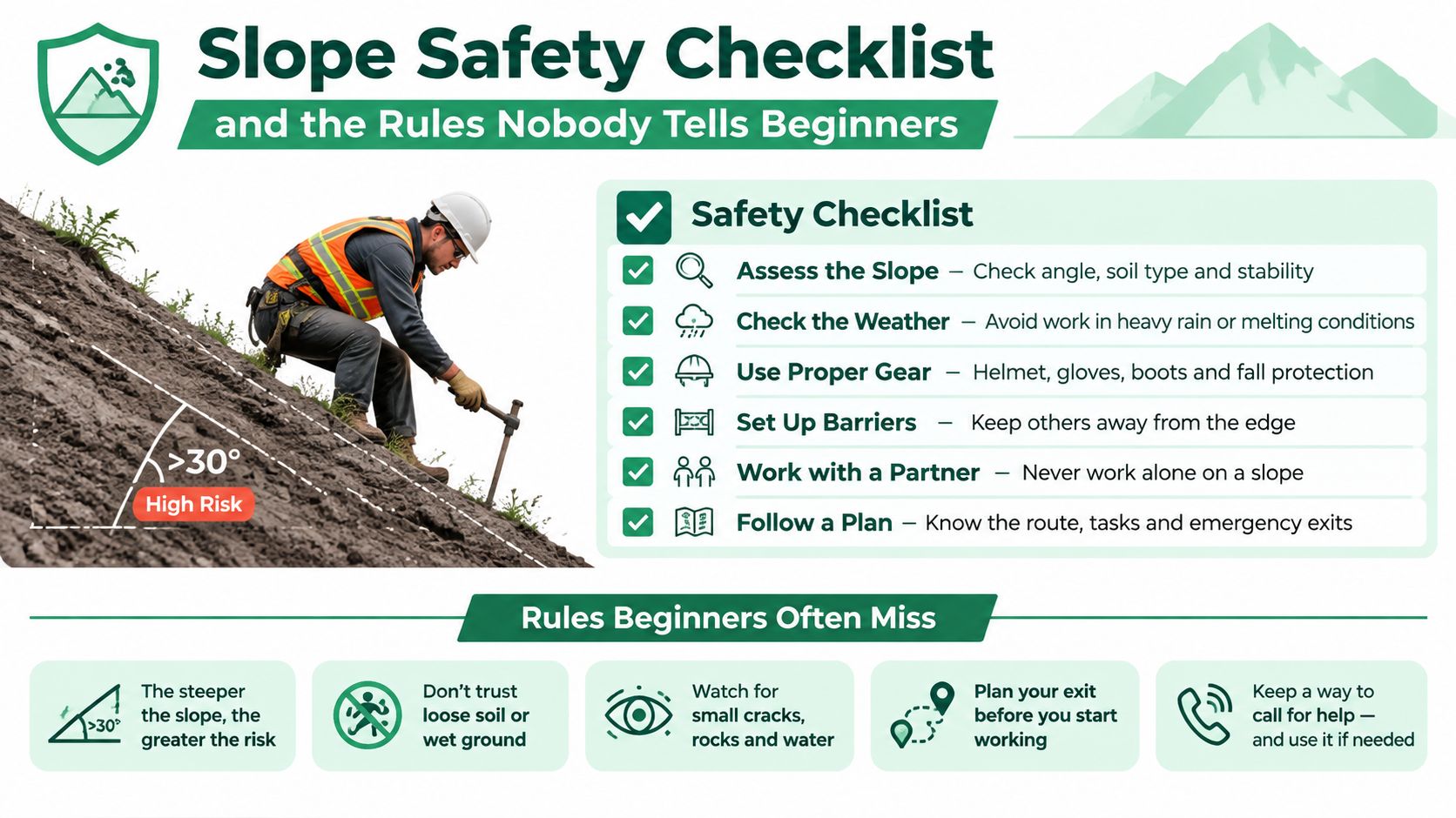 A slope safety checklist infographic showing essential precautions for workers on steep terrain or outdoor slopes.
