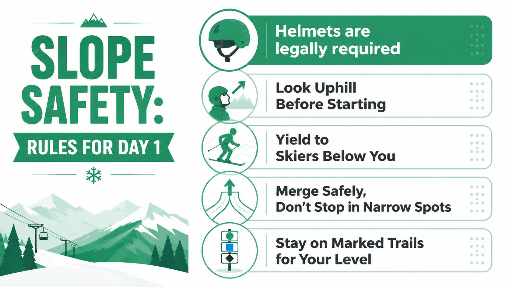 An infographic titled Slope Safety listing essential skiing rules for beginners to ensure mountain safety.