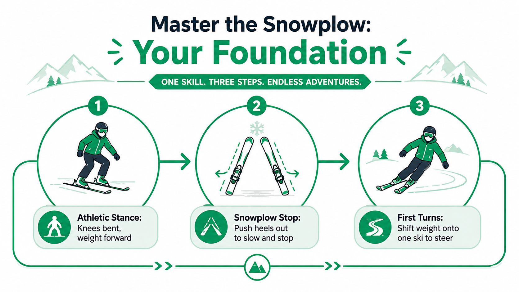 A visual guide for beginners illustrating three steps to master the snowplow technique while skiing.
