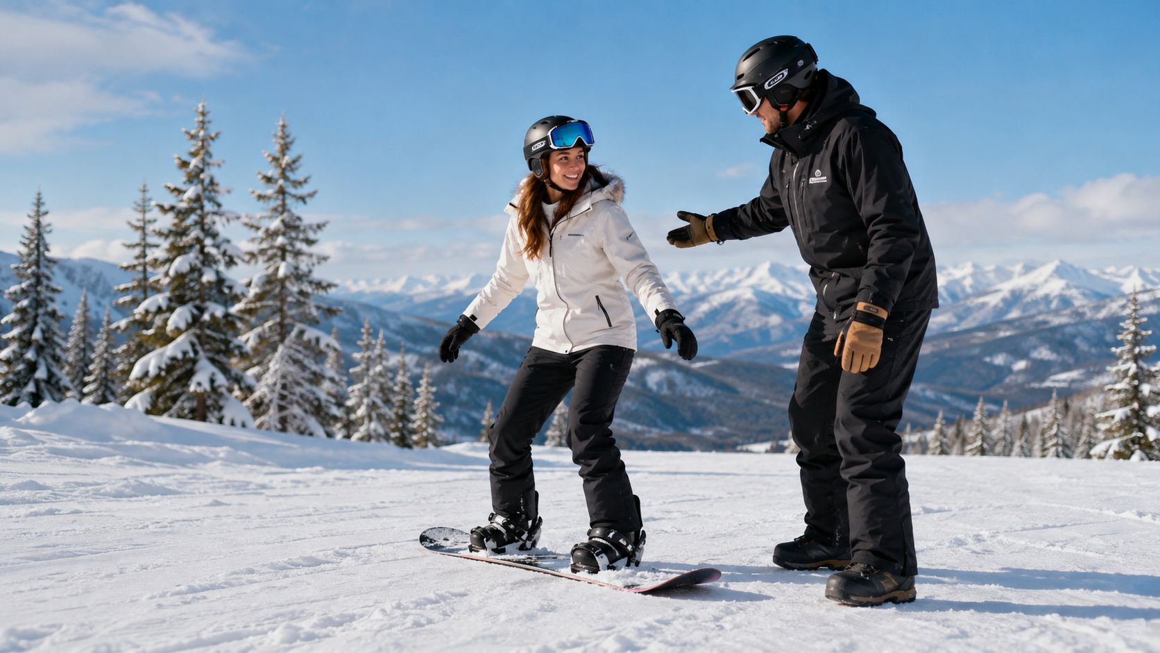 A professional instructor providing snowboarding lessons to an adult student on a sunny, snow-covered mountain slope.