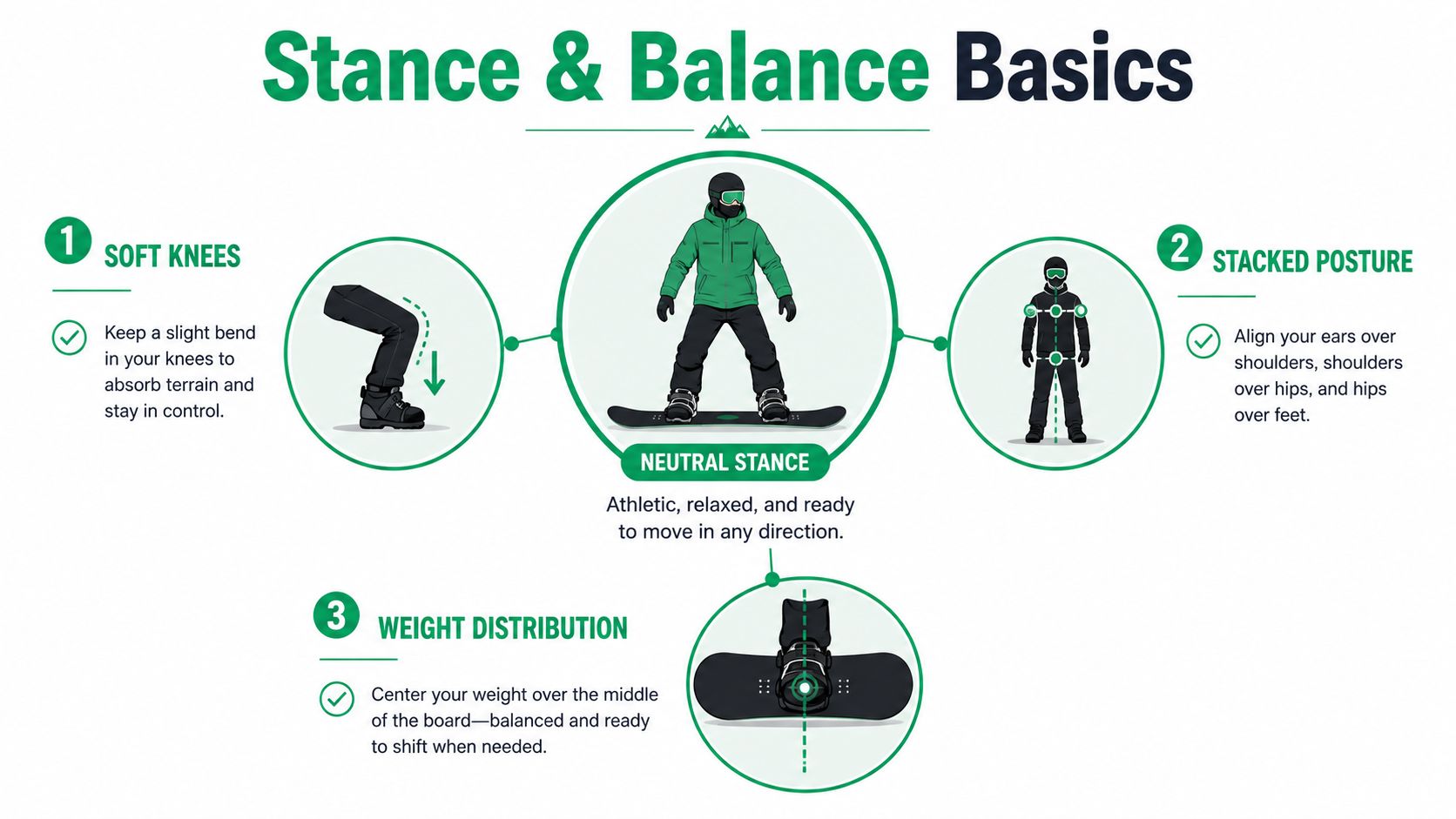 An infographic illustrating three basic snowboard stances, including soft knees, stacked posture, and balanced weight distribution.