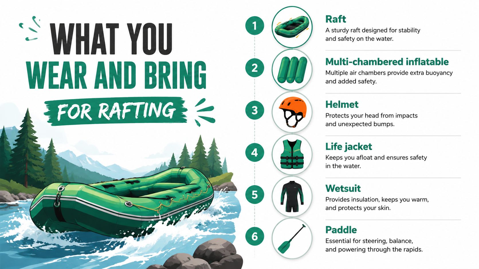 A helpful infographic illustration showing the essential safety equipment needed for white water rafting adventures.
