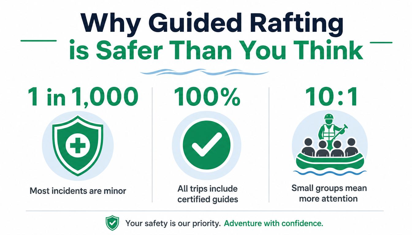 An infographic showing that guided rafting is safe, citing statistics on incidents, certified guides, and small group ratios.