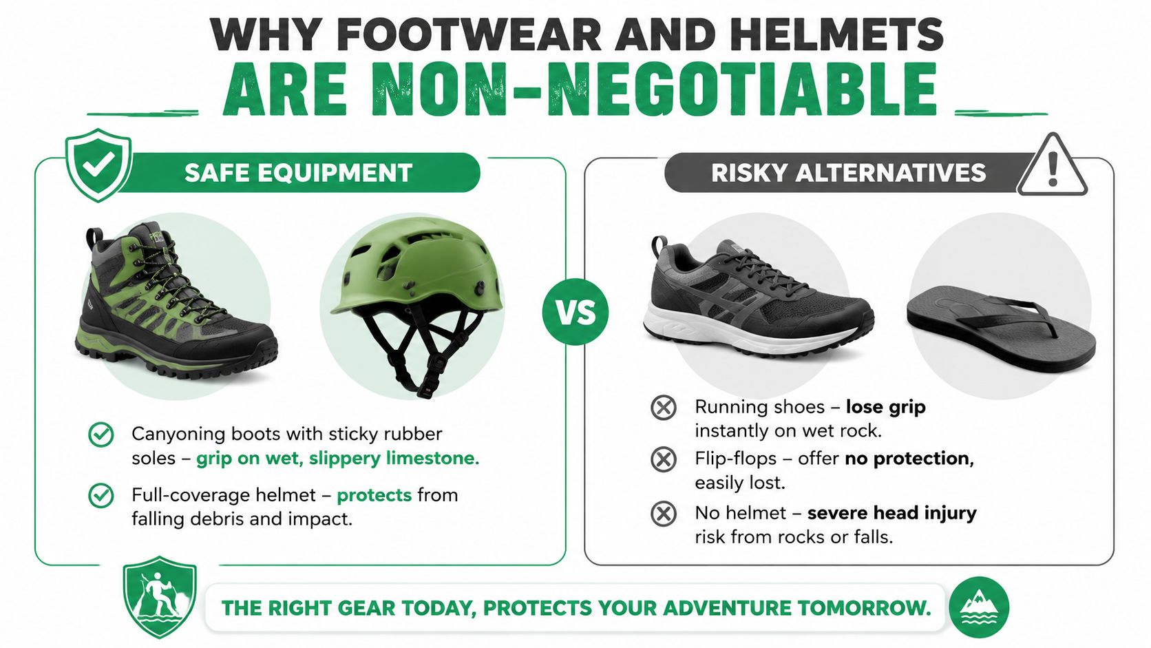 A comparison chart showing safe canyoning equipment versus risky alternatives like running shoes and flip-flops.