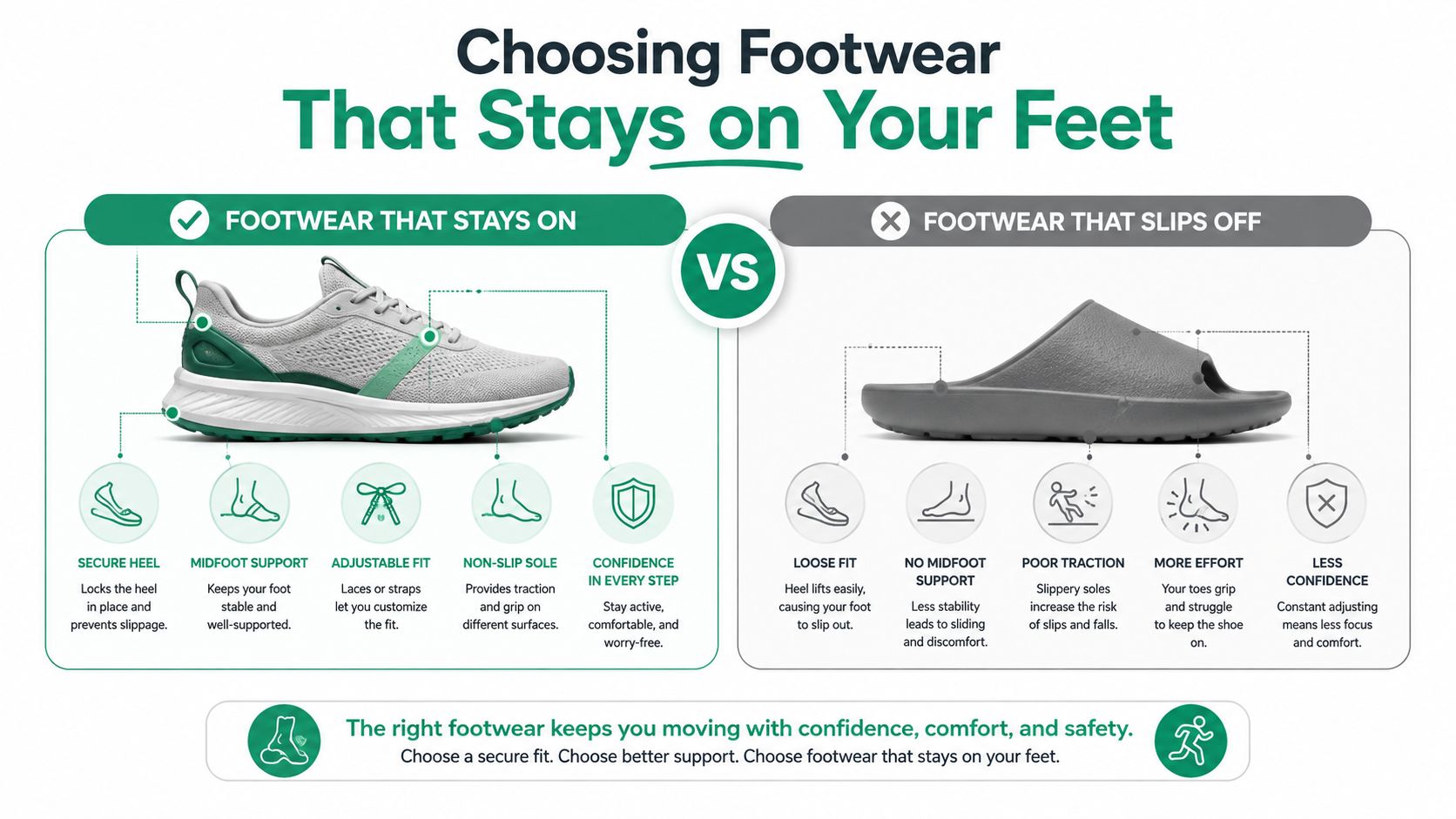 An infographic comparing secure athletic shoes with loose slides to emphasize the importance of choosing proper footwear.