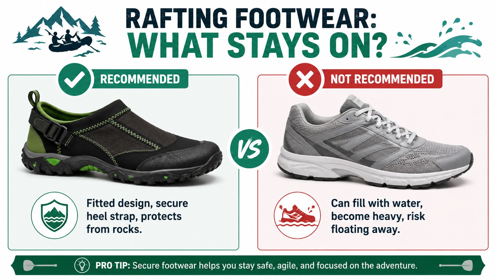 A graphic comparing recommended water shoes with a secure strap against non-recommended sneakers for river rafting.