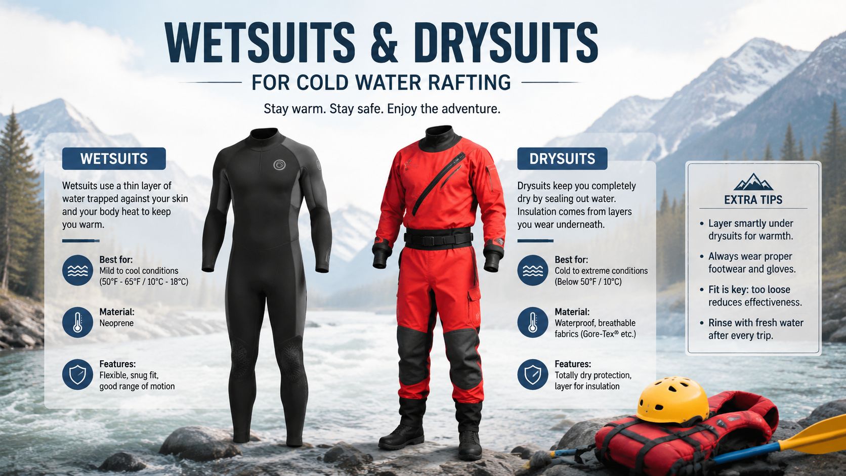 A comparison guide for choosing between wetsuits and drysuits for cold water rafting adventures.