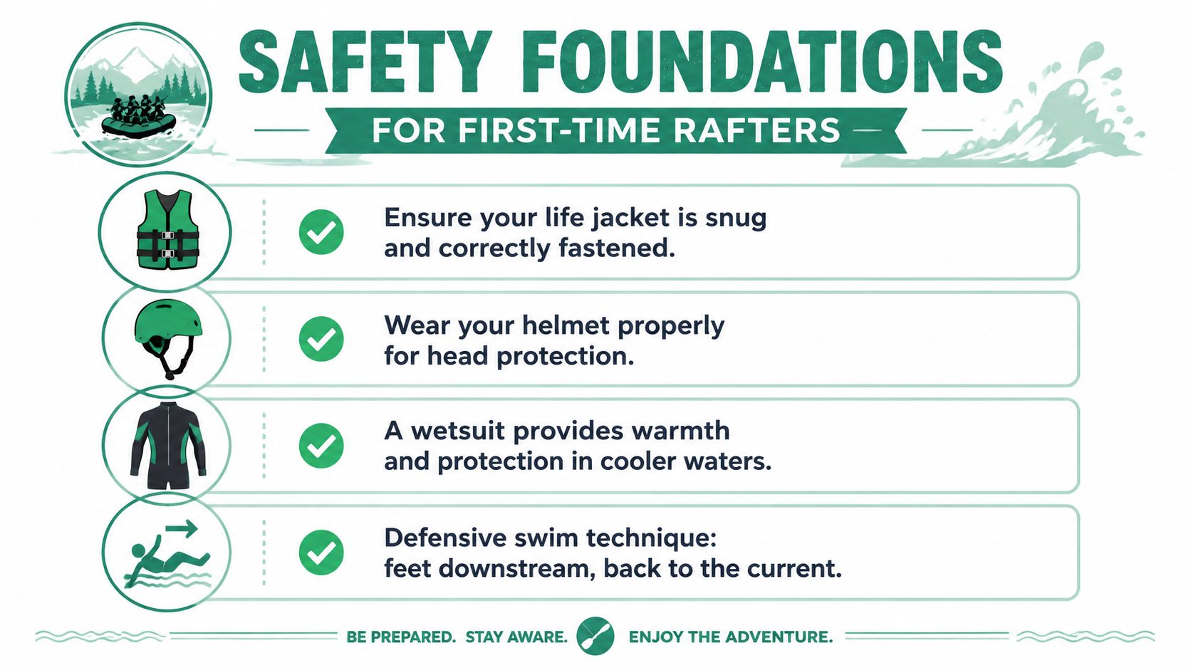 A safety infographic for beginner rafters illustrating gear and techniques like life jackets, helmets, wetsuits, and swimming.