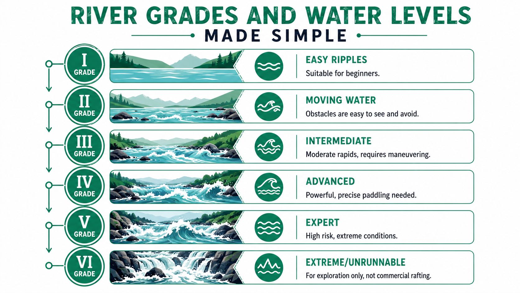 An infographic showing six different grades of white water rafting rivers, from easy ripples to extreme, unrunnable conditions.